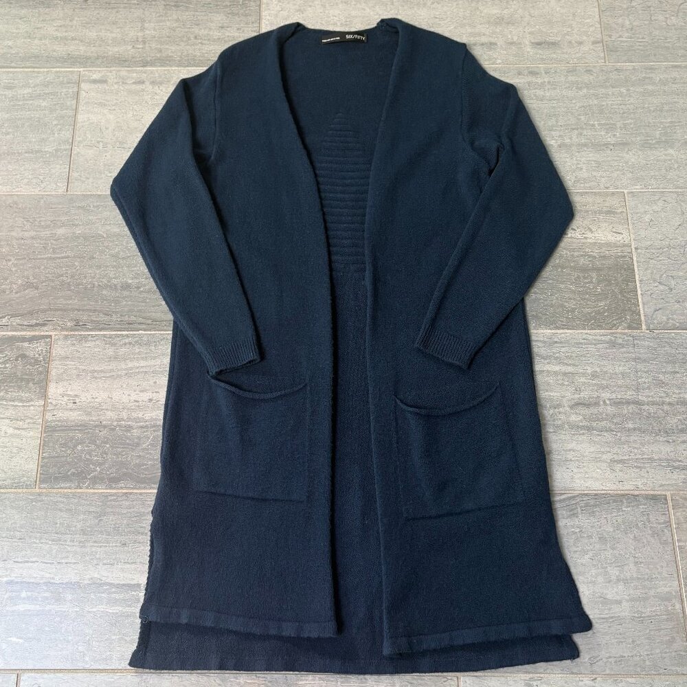 SIX/FIFTY Open Front Duster Cardigan Sweater Back Star Detail Navy OS